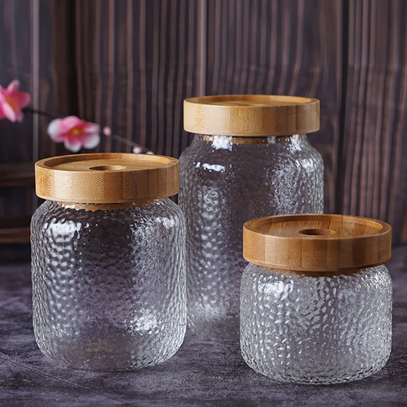 Hammered Acacia Wood Storage Jar with Lid Transparent Glass Sealed Jar Tea Tin Kitchen Grains Storage Jar Bottle Food Container