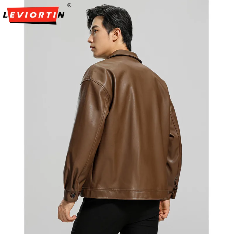 남성용 PU 가죽 재킷, 솔리드 라펠 지퍼 코트, 긴팔, 캐주얼 작업복, 워시 프리 오토바이 재킷, 스트리트웨어, 가을, 신상