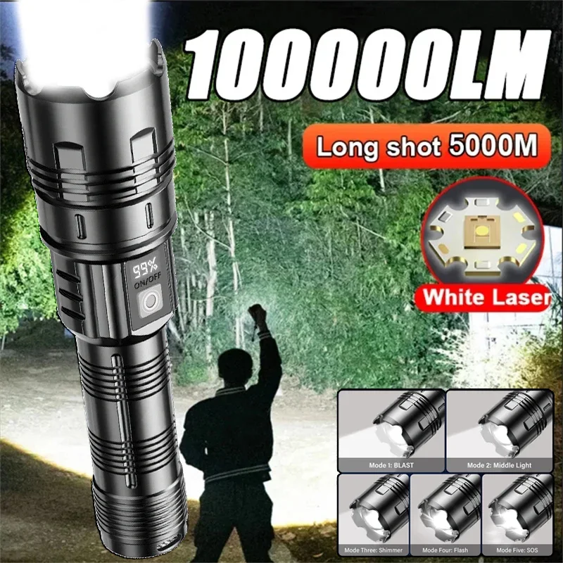 

Powerful Rechargeable White Laser Flashlight Built-in Battery High Power LED Tactical Torch Outdoor Long Range Camping Lantern