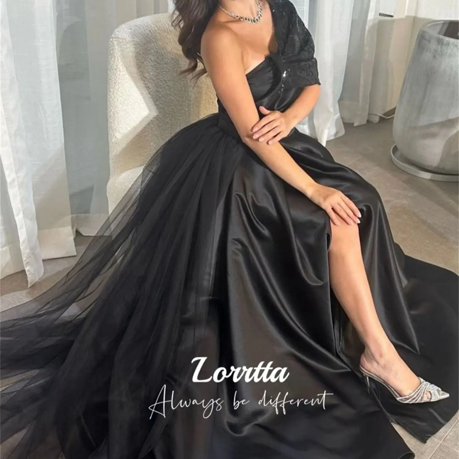 

Lorrtta Women's Black High Slit Single Strap Lace Ball Gown Modern Floor Standing A Line Satin Dubai Gown Formal Evening Gown