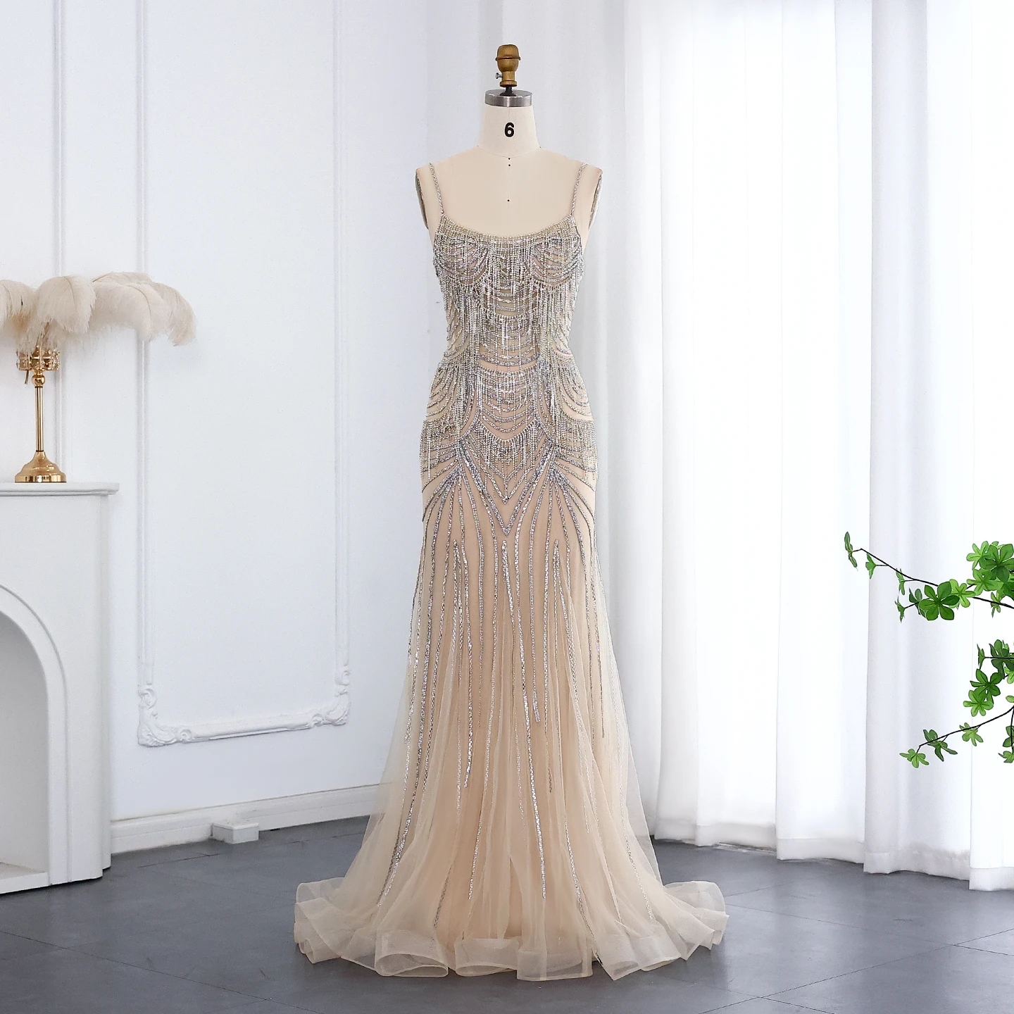 Sharon Said Luxuriöses Champagner-Abendkleid mit Spaghettiträgern, Perlenbesetztes Meerjungfrauenkleid, bodenlang, für formelle Anlässe und Partys, SS029, maßgeschneidert – Detail 5