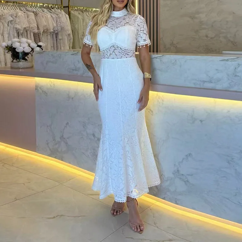 

French-style Subtle Luxury Feel2025New Style Stand Collar Short Sleeve Lace Hollow Out Bodycon Long Dress