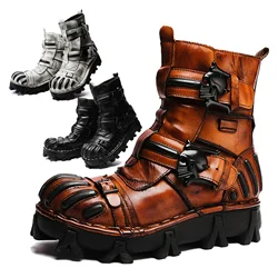 Men's Genuine Leather Motorcycle Boots British Style Mid-calf Combat Boots Riding Boots Skull Buckle Strap Western Cowboy Boots