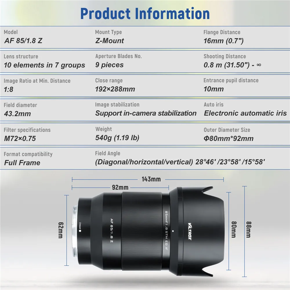VILTROX 85mm f1.8 X Mark II Lens Auto Lens Portrait Fixed Focus Lens for Fujifilm Fuji X Mount sony E Mount Nikon Lens Z mount