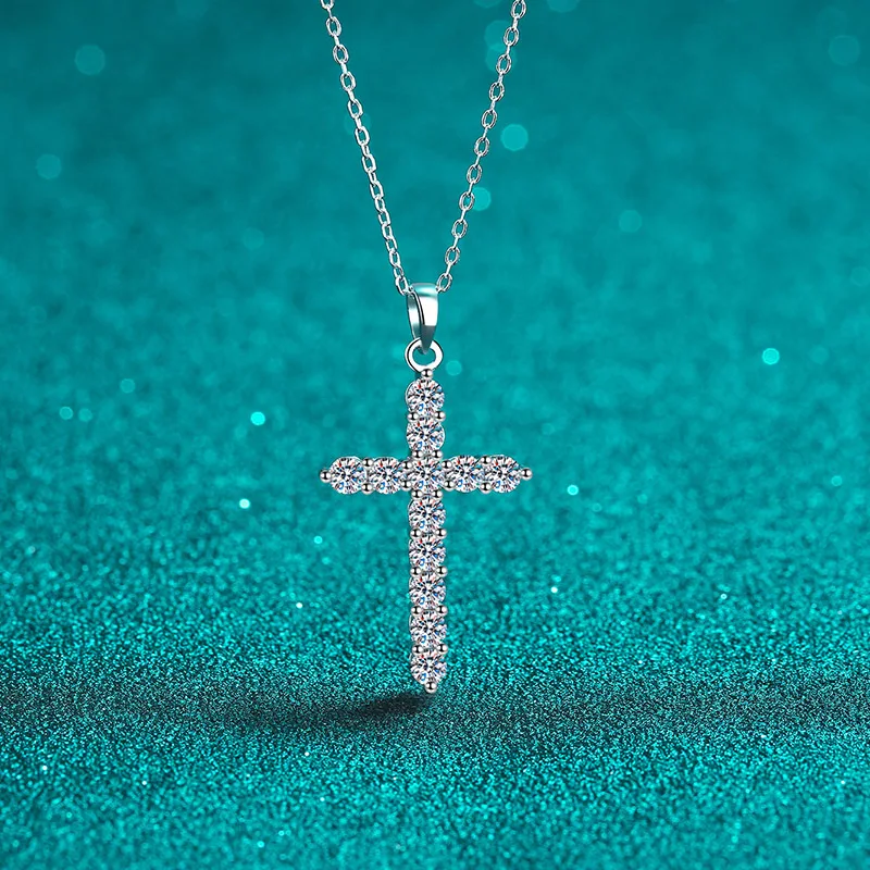 Fashion Moissanite Cross Necklace S925 Silver Pendant Necklace Women Engagement Bridal High Jewelry