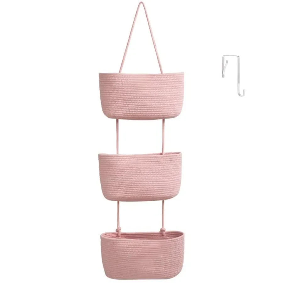 

Over the Door Hanging Basket, 3-Tier Woven Cotton Wall-Mounted Storage Organizer Bag Decorative Hanging Nursery Baskets