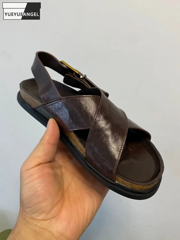 Summer Women New Horsehide Genuine Leather Platform Open Toe Buckle Fashion Female Sandals Leisure Solid Color Casual Flat Shoes