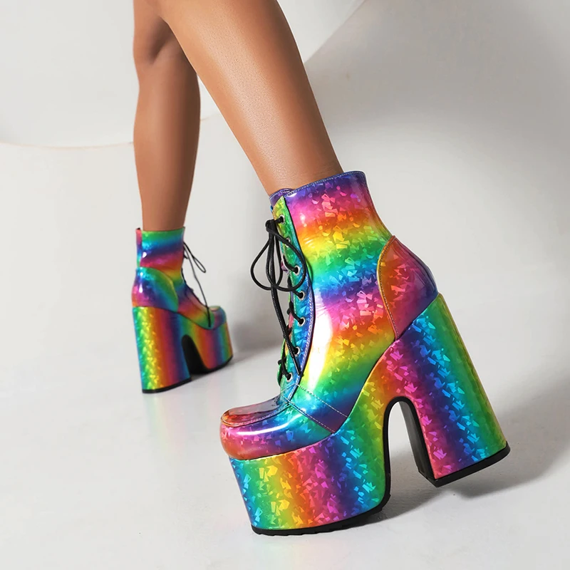 Rainbow Glossy Patent Leather Super Platform Fashion Short Boots Square Toe Super Chunky Heel Punk Style Bat Print Women\'s Boots