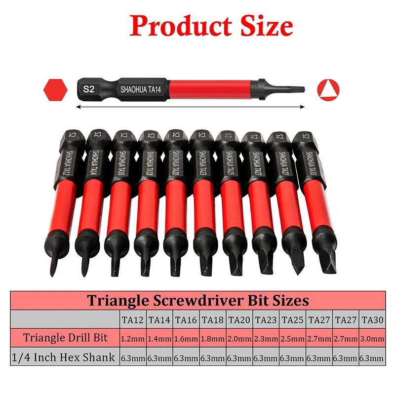 10Pcs Tamper Proof Triangle Screwdriver Bits Set, 2.5Inch Triangular Security Screw Bits, S2 Alloy Steel 1/4 Inch Hex Shank, TA1