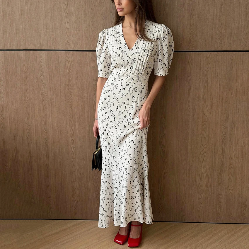 

Linad Summer Vintage Chiffon Puff Sleeve Long Dress For Woman Elegant Slim V Neck Dresses Casual High Waist Pleated Dress 2026