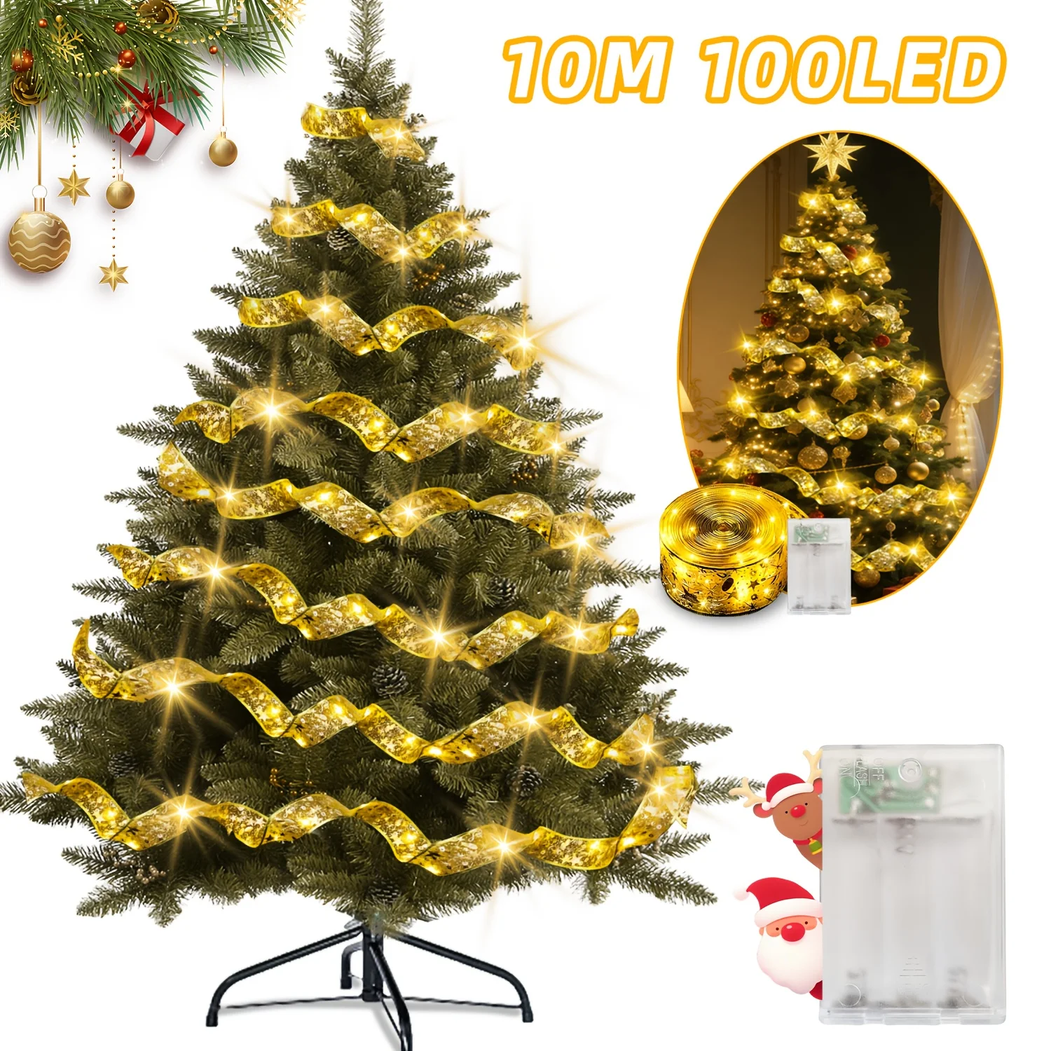Battery-Powered Silver & Gold LED Christmas Ribbon Lights - Indoor/Outdoor Decor with Bows, 3 Light Colors (Warm White/White/Mul