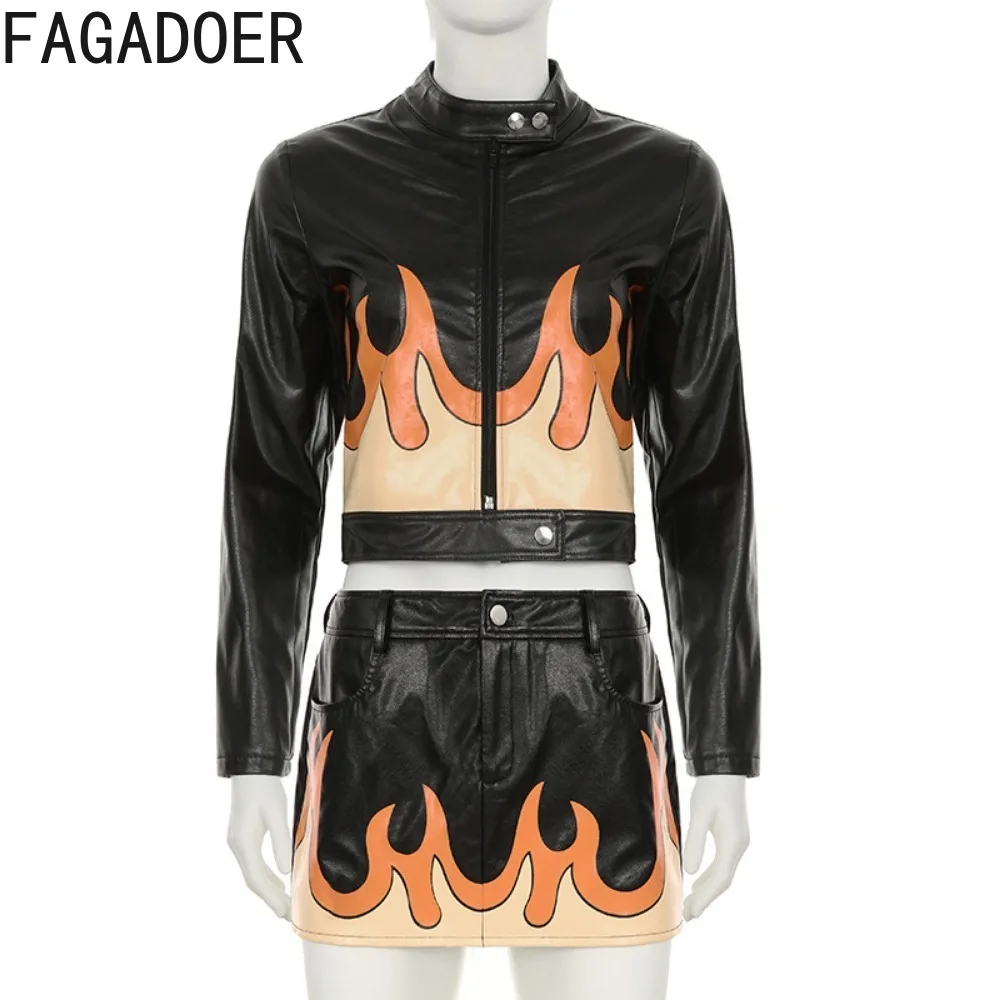 FAGADOER Punk Leather Two Piece Set For Women Y2K Streetwear Moto Zip Flame Printing Patchwork Crop Jacket + Mini Skirt Suits