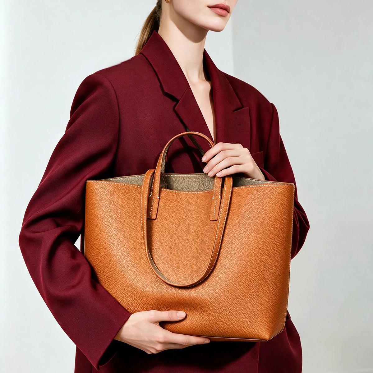2026 New Top Grain Cowhide Two-tone Handbag, Large Capacity Shoulder Commute Women Bag, Shoulder Crossbody Tote Bag