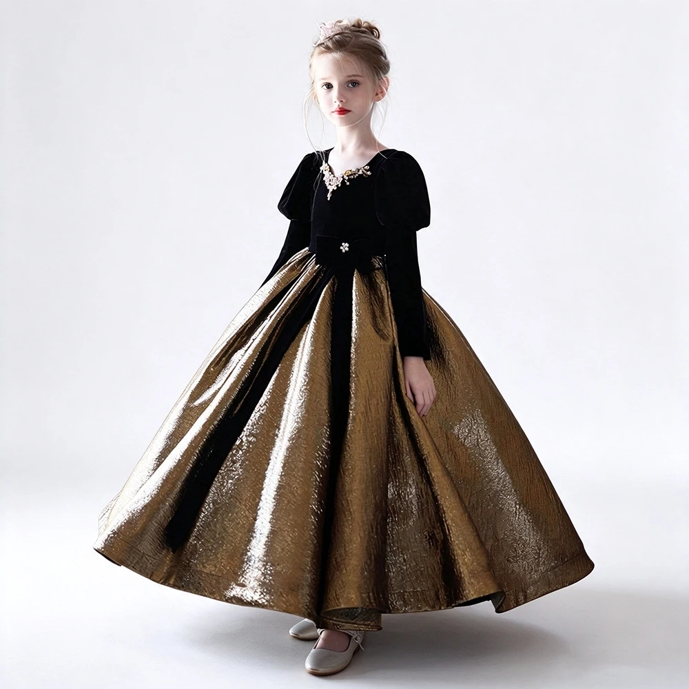 Girls Hepburn Style Prom Birthday Pageant Evening party Dress Black Velvet Top Puff Long Sleeve Princess Graduation Banquet Gown