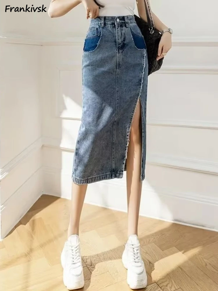 

A-line Skirts Women Retro Popular Leisure Simple Korean Style Slit-design Denim Classic New Fashion Bottoms Daily High Waist Y2K