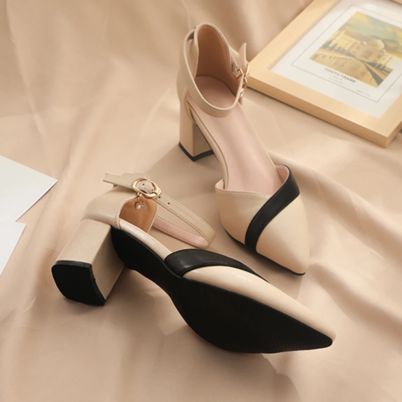 Rimocy Mix Color Med Heels Pumps Women Pointed Toe Ankle Strap High Heels Shoes Woman Pu Leather Patchwork Office Shoes Female