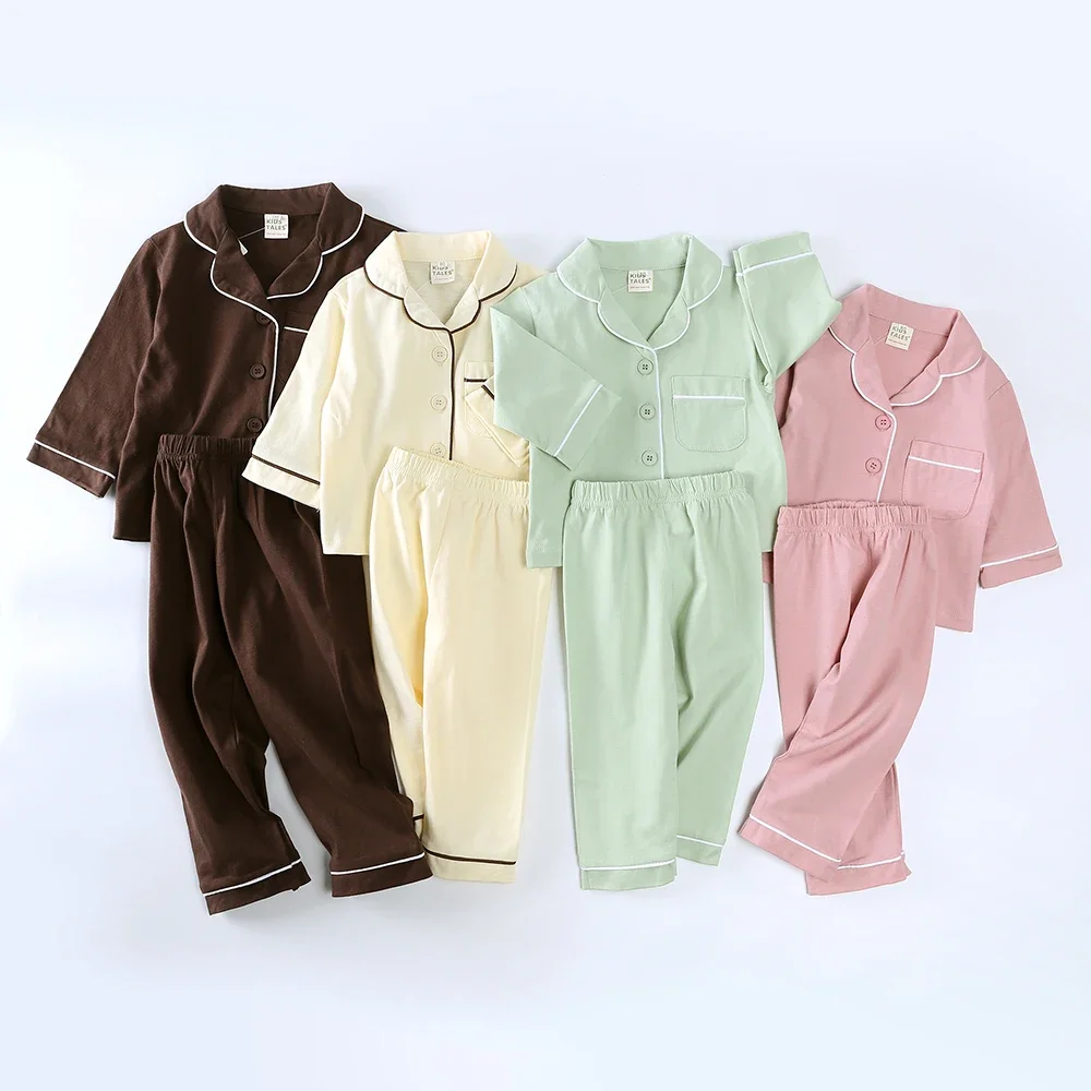 Baby Girls Boys Daily Loungewear Toddler Long Sleeve Nightwear Suits Child Cotton Pajama Set Kids 2Pieces Button-Down Sleepwear