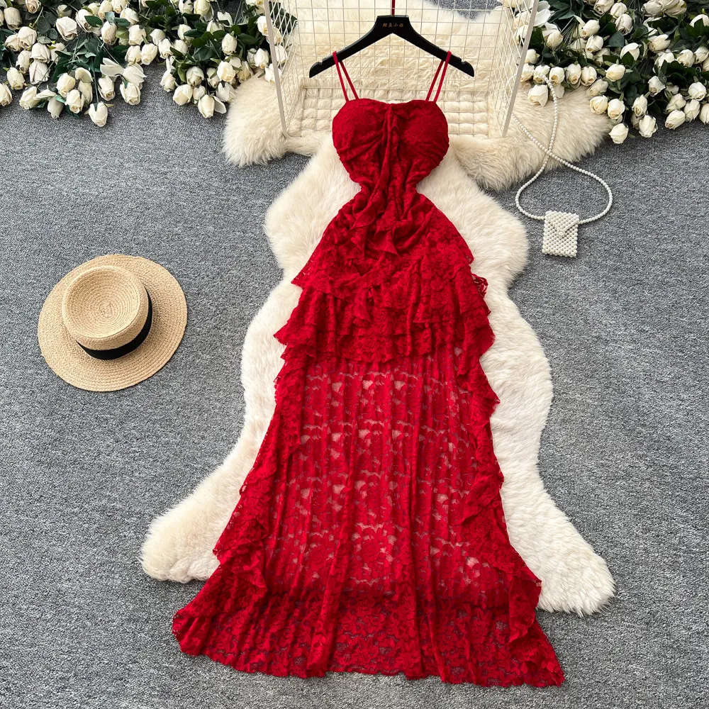 Langes Kleid für Damen, Trägerkleid mit Spitze, Sexy Vestidos Y2k Streetwear, V-Ausschnitt, Ärmellos, Rüschen, Elegantes Patchwork-Partykleid für Nacht und Arbeit 2026