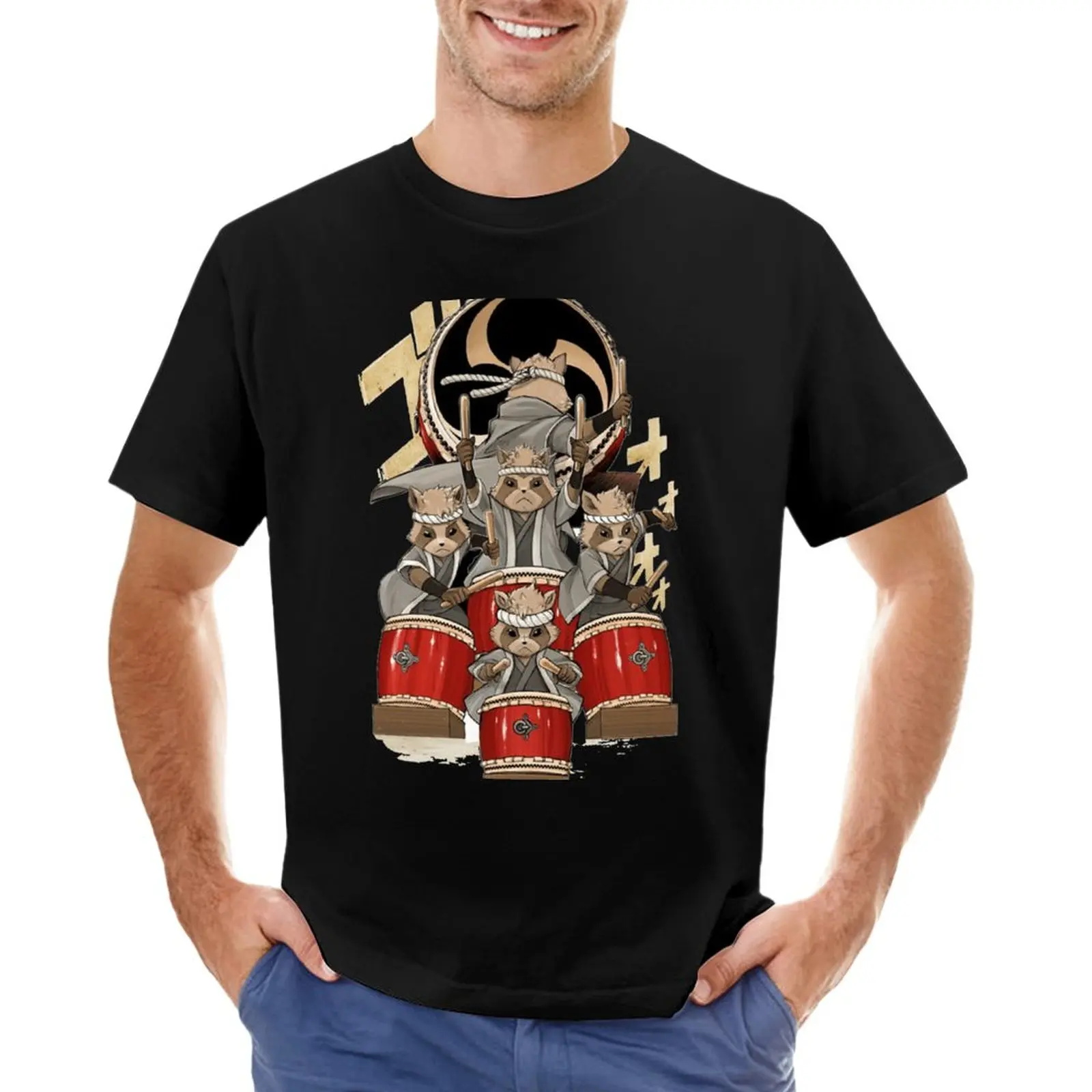 Taiko Tanuki play drum T-Shirt kawaii clothes black t shirts for men