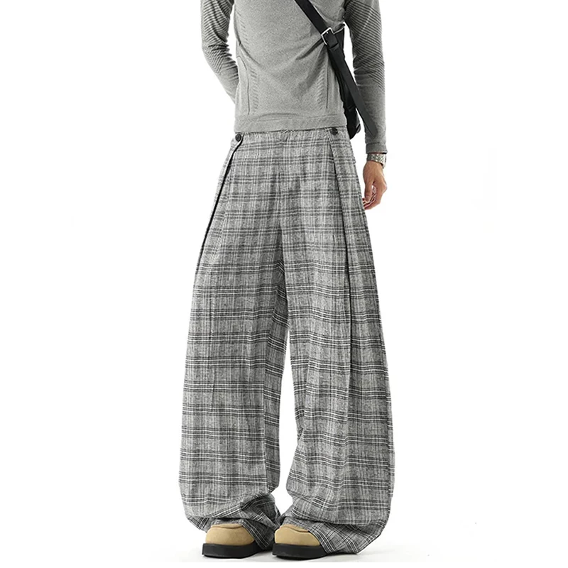 American Retro Plaid Loose Straight A-Line Wide Leg West Pants Lazy Style Commute Casual Long Pants Polyester Fiber