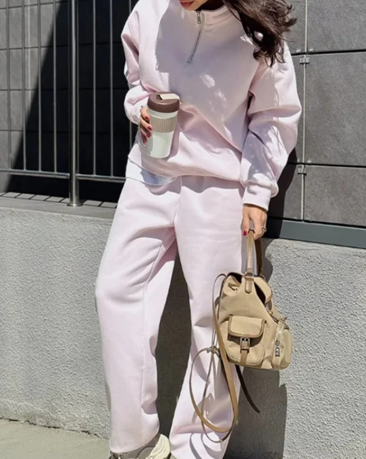 

Винтажные комплекты, женские модные повседневные комплекты из 2 предметов с длинными рукавами, однотонная молния с высокой талией, новые осенне-зимние комплекты брюк