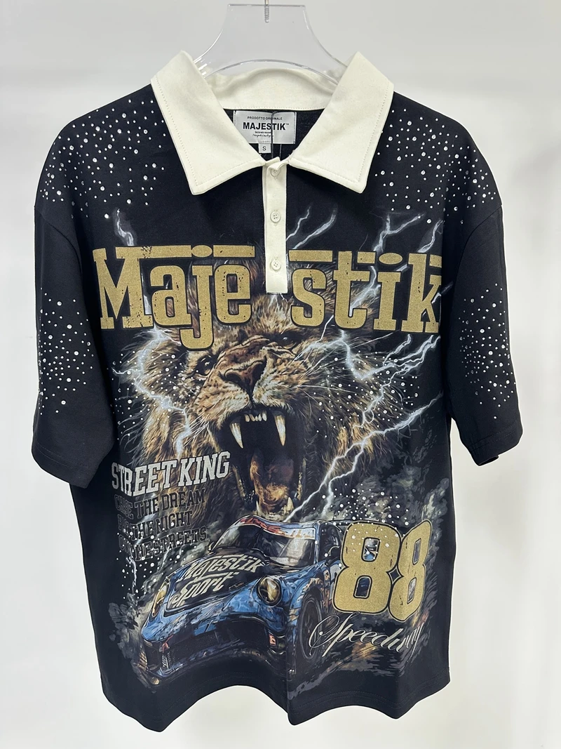 Gestreiftes Sugar Skull Polo-Shirt für Herren mit Strass-Buchstaben-Grafik T-Shirt Vintage Streetwear Lässiges Kurzarm-Shirt Oversize – Detail 6