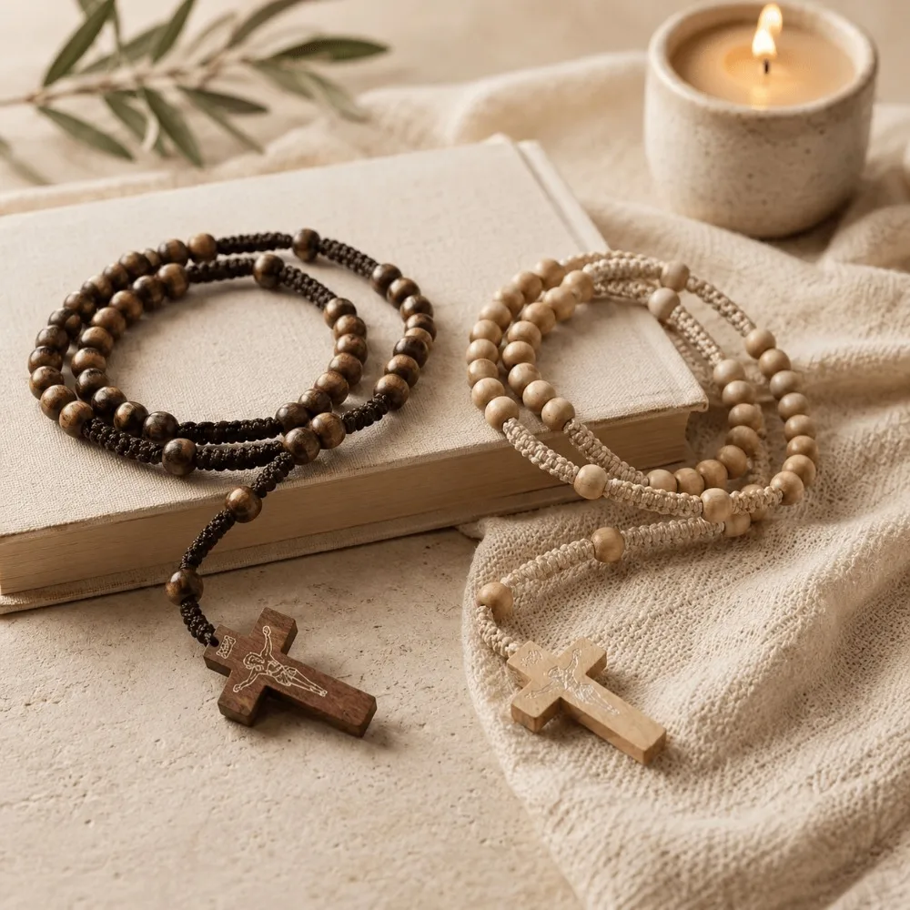1-12 Pcs Handmade Wooden Rosary Necklace Wood Prayer Beads with Engraved Wooden Cross Pendant Christmas Catholic Religious Gift