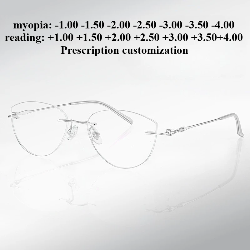 54mm women's pure titanium cat eye glasses frame blue light blocking reading glasses, customizable for prescription lenses