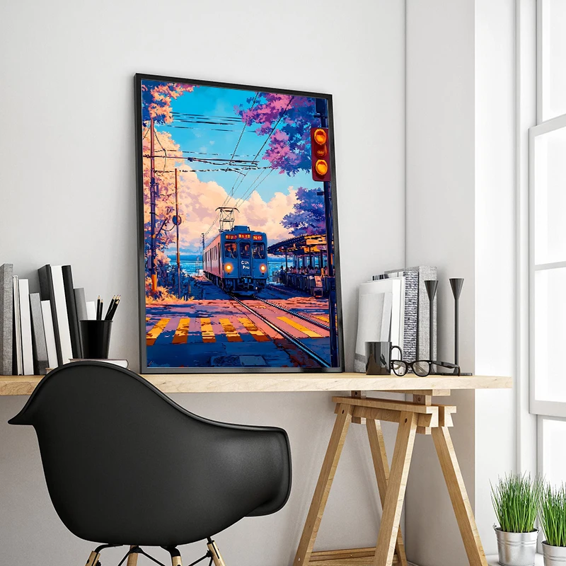 انمي ياباني قطار الترام سحابة شارع المحيط عرض المشهد المشارك يطبع حائط لوح رسم صورة فنية لغرفة ديكور المنزل