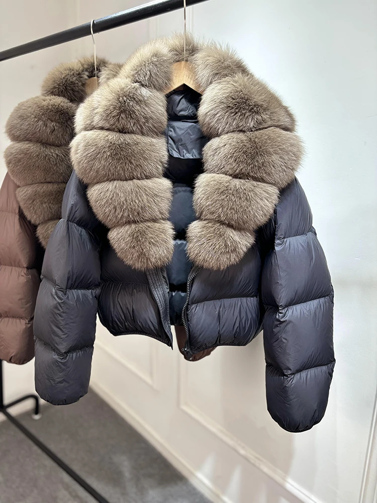 Janveny 2025 New Puffer Jacket Women With Large Natural Fox Fur Collar Short Fluffy Thick Parkas Female 90% White Duck Down Coat