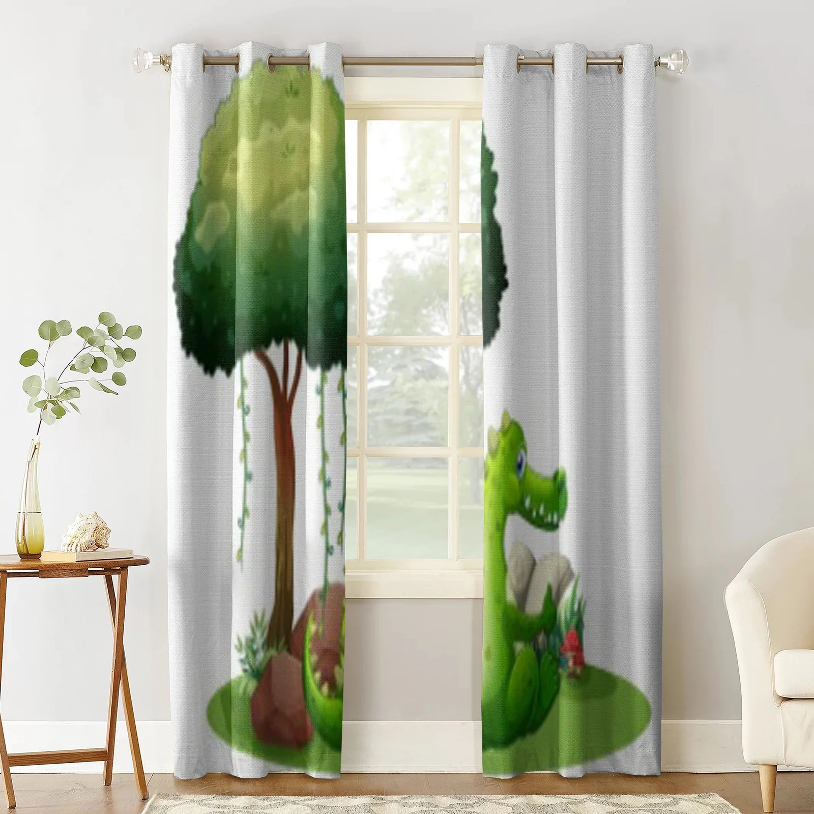 Illustration Of A Crocodile Reading Beside The Tree White Background Window Curtains For Kids Bedroom Living Room Decoration