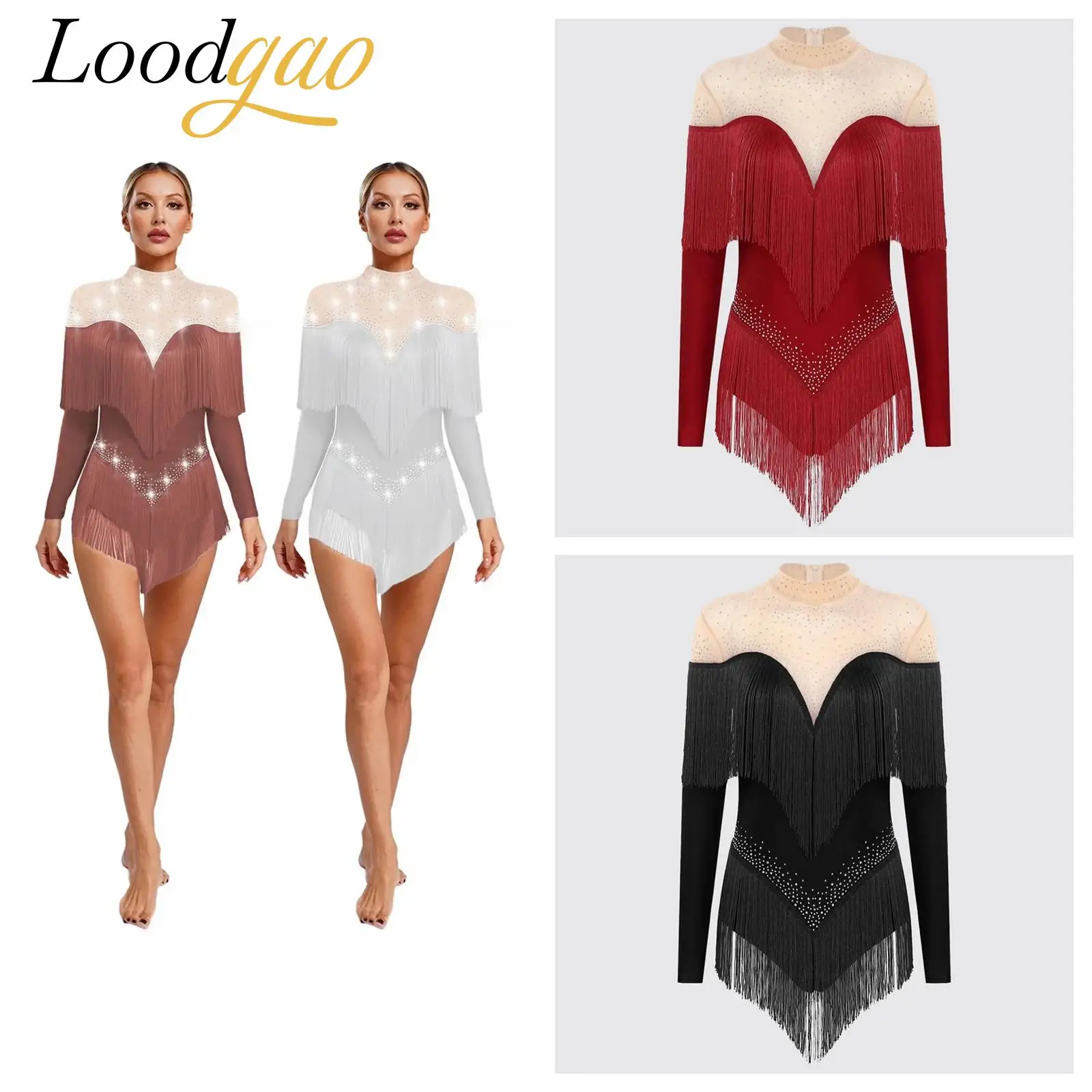 

Women's Dance Leotard Long Sleeve Mesh Patchwork Rhinestones Tassel Jumpsuit Latin Tango Jazz Dancewear Costume Jersey Bodysuit