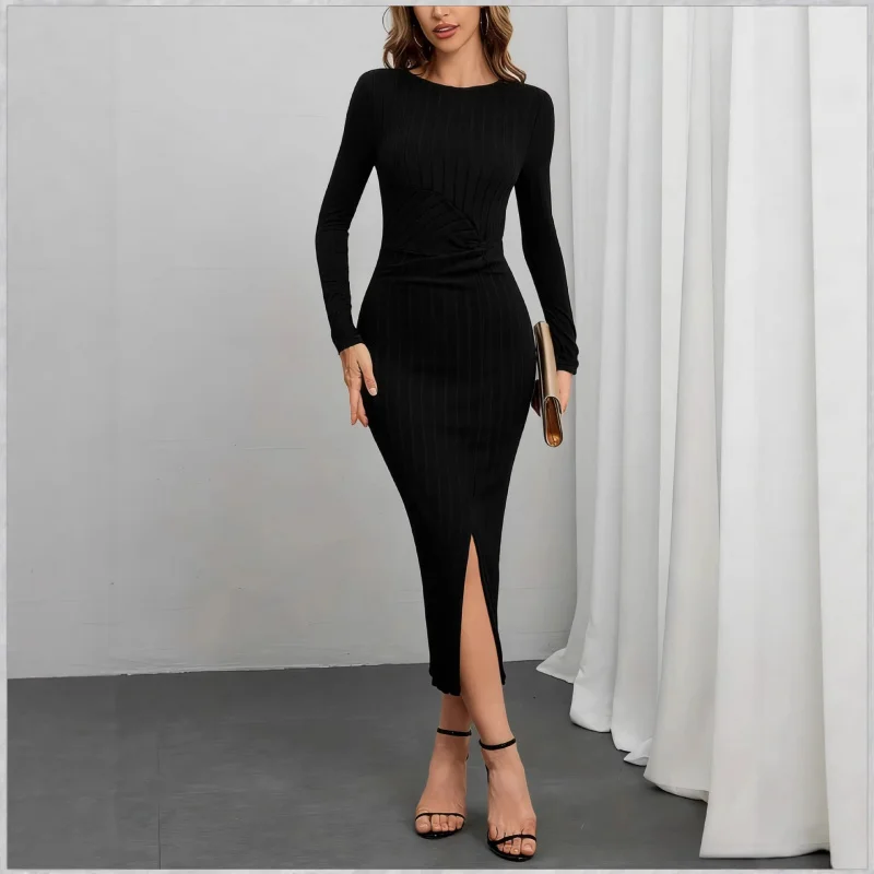 

French-Style Elegant Ribbed Knit Dress With Twisted Waist, Slit, And Bodycon Design, Suitable Work Casual Wear, Mid-Length