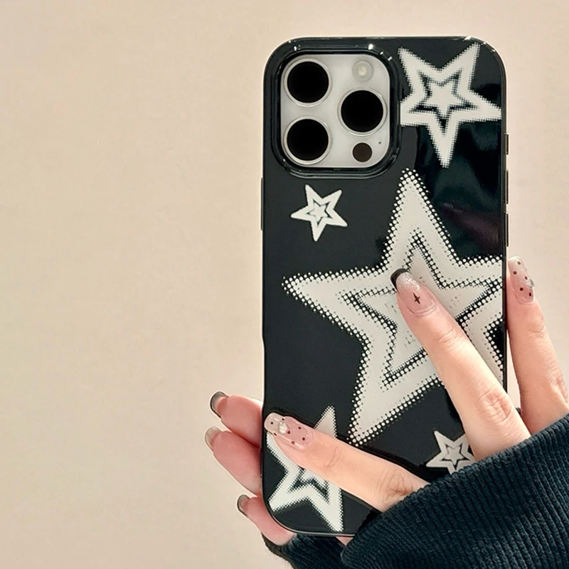 

Ins Stylish Lovely Girl Stars TPU Phone Case For iPhone 16 Pro Max 15 14 13 Black Soft Silicone Back Cover