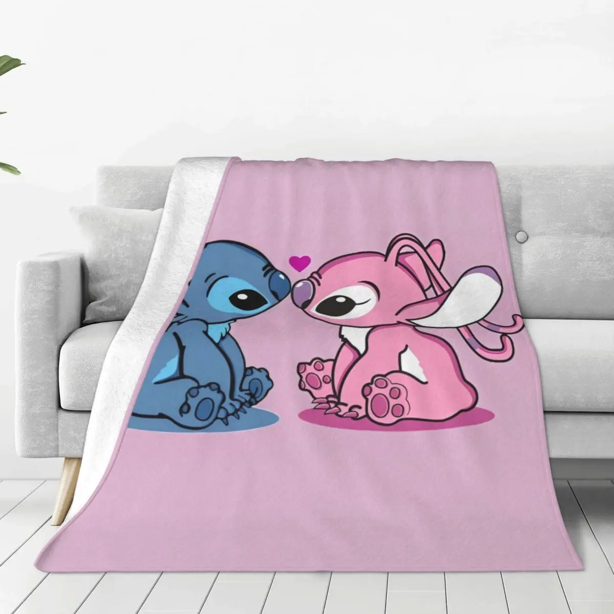 Kawaii Stitch And Angel Blanket Cute Cartoon Soft Plush Throw Blanket For Sofa Bed Travel Office Flannel Bedspread Bed Cover