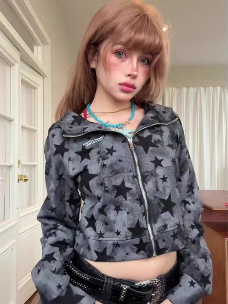Frauen American Retro Star Print Jacke Süße Hot Girl Kurze Hoodie Herbst Winter Y2k Harajuku Street Fashion Mit Kapuze Sweatshirt
