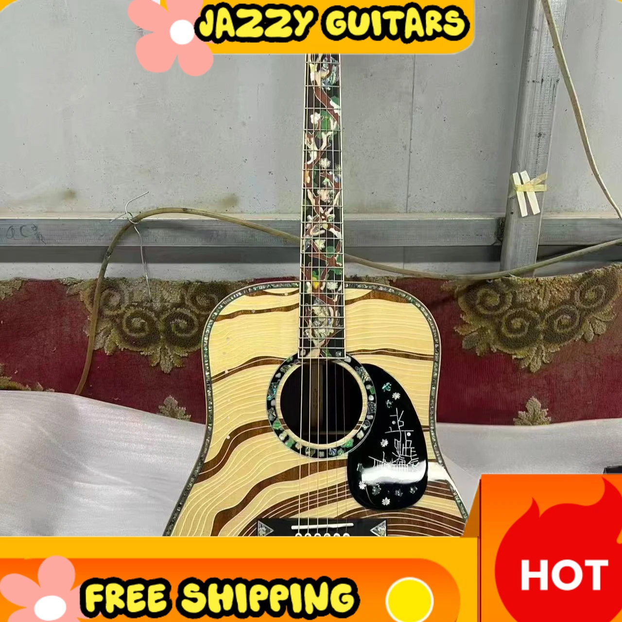 

D300 High-End Wavy Wood Grain Acoustic Guitar with Abalone Inlay & Black Pickguard for Folk & Fingerstyle Free Shipping