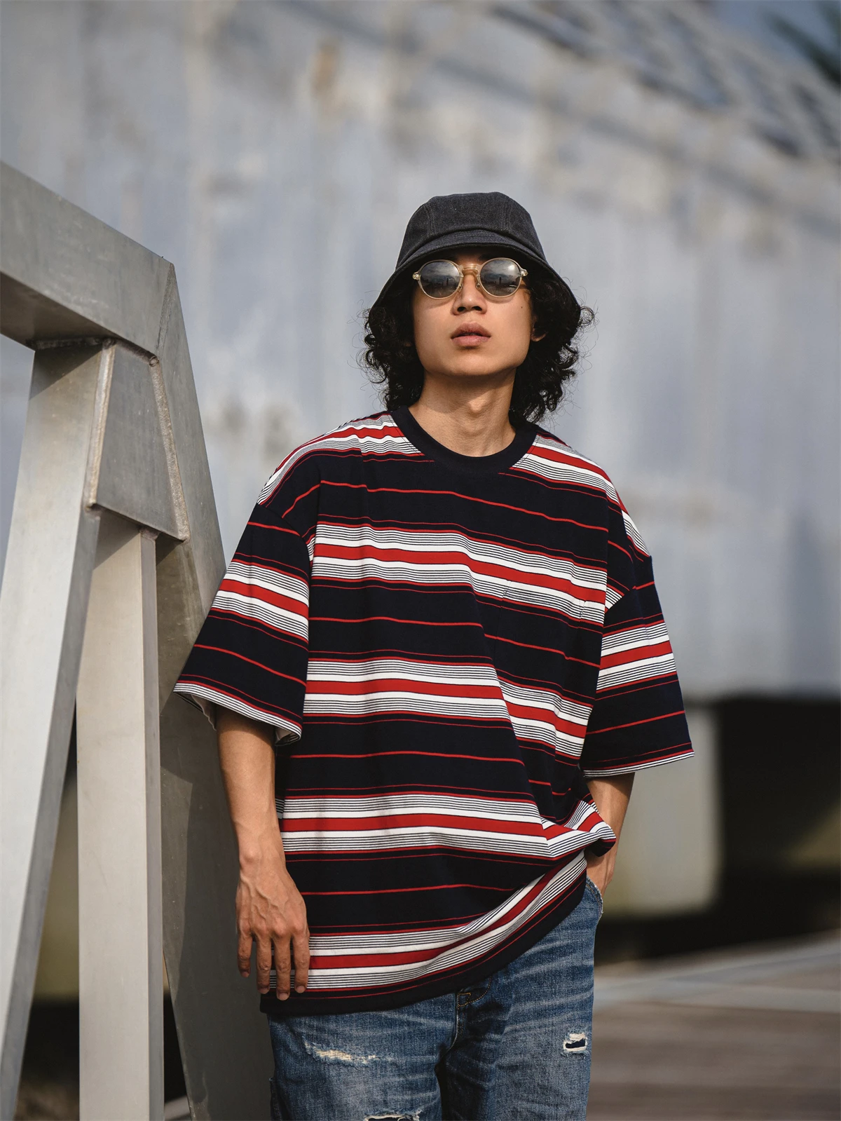 Retro Japanese Red Blue Striped Short Sleeve T-Shirt Loose Fit Lightweight Breathable Men's Casual round Neck Tee