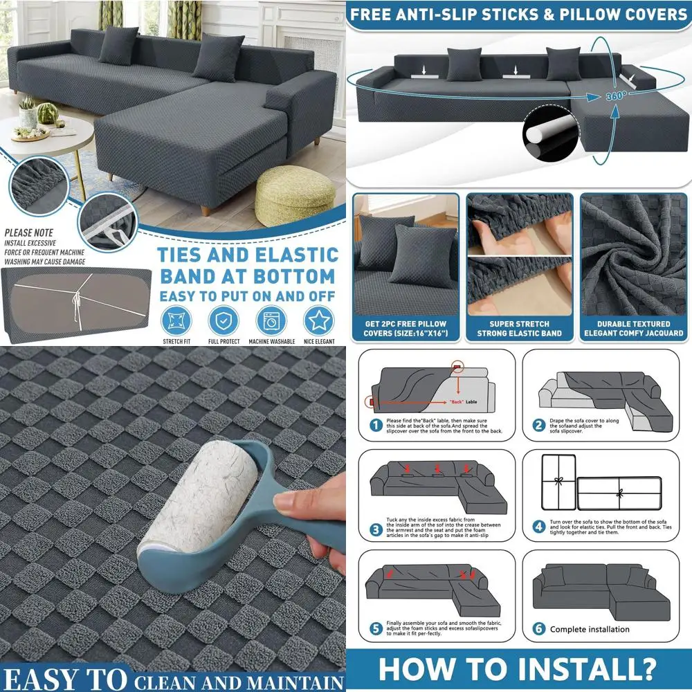 

Чехлы для углового дивана L-образной формы из эластичного жаккарда, подходящие для домашних животных, 2-секционные, с эластичным низом, для диванов 3+2 места, темно-серые