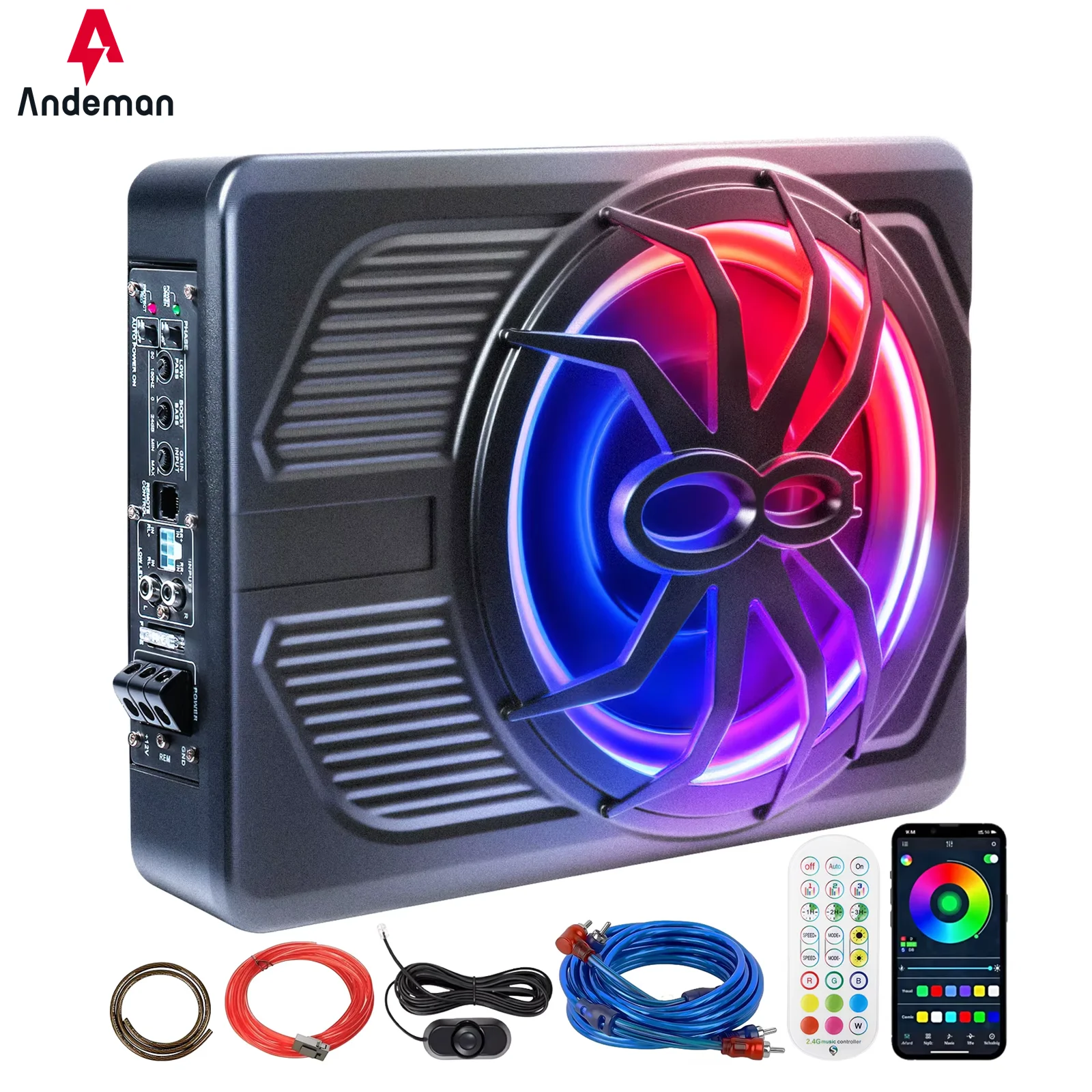 Image of Andeman 10 Zoll Flacher Auto-Subwoofer für Unter dem Sitz mit Fernbedienung & APP Dual-Steuerung Eingebauter Verstärker 16M RGB Ambientebeleuchtung Hi/Lo Eingang