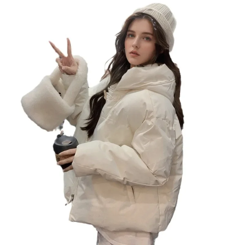 YJKDYK 2024 delle Nuove Donne di Inverno Giacca di Cotone Femminile di Colore Puro Con Cappuccio Addensare Caldo Cappotti Corno Donne Pulsante Parka Cappotti