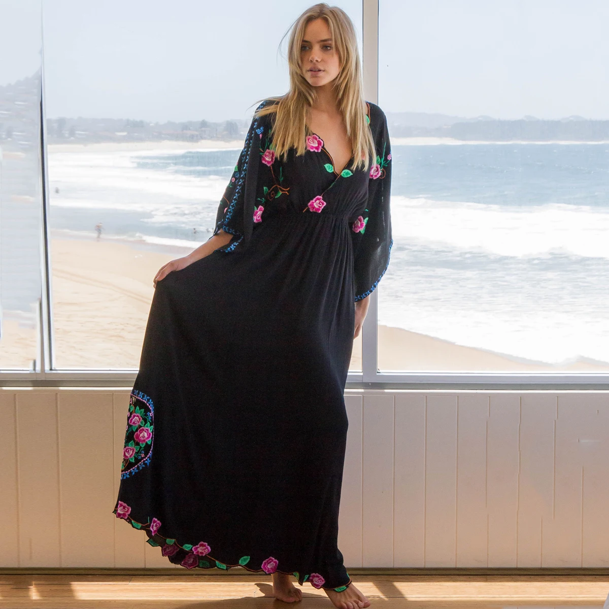 Jastie Boho Embroidered Dress O-Neck Batwing Sleeve Loose Women Dresses Casual Beach Maxi Dress 2025 Summer Dresses Vestido