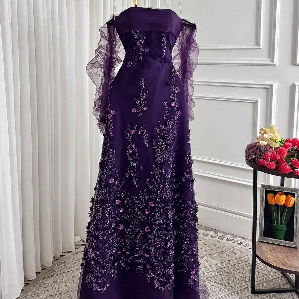Customized A-line Evening Dresses Floor-length Off The Shoulder Full Sleeve Prom Gown Fashion Flowers Sequined Draped Party Gown