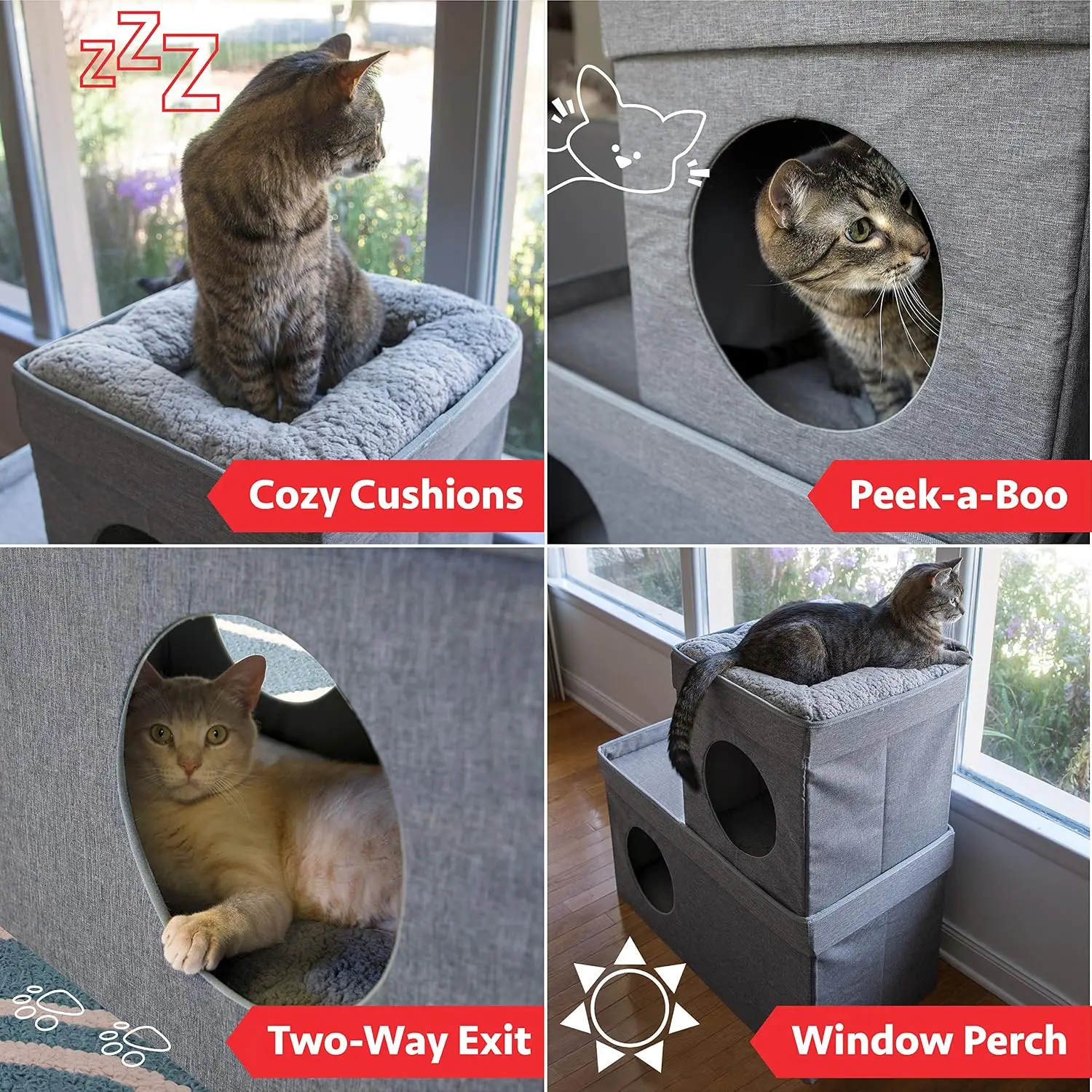 Large Stackable Cat Condo & Cube House, Modular Indoor Cat Furniture with Plush Washable Beds, Collapsible Cat Cave & Lounging O