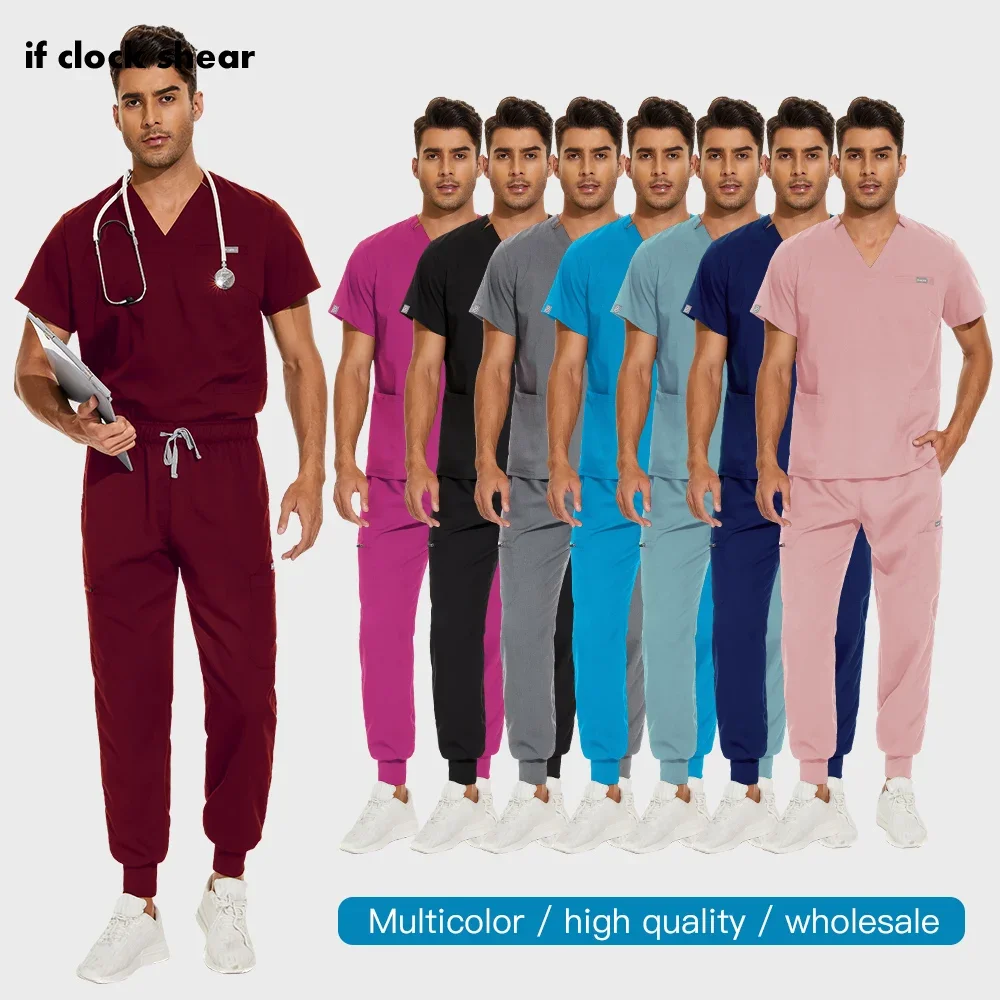 Pet Hospital Uniform Suits Unisex Solid Color Scrubs Sets Surgical Multifunctional Pocket V-neck Scrubs Set for Men Jogger Suits