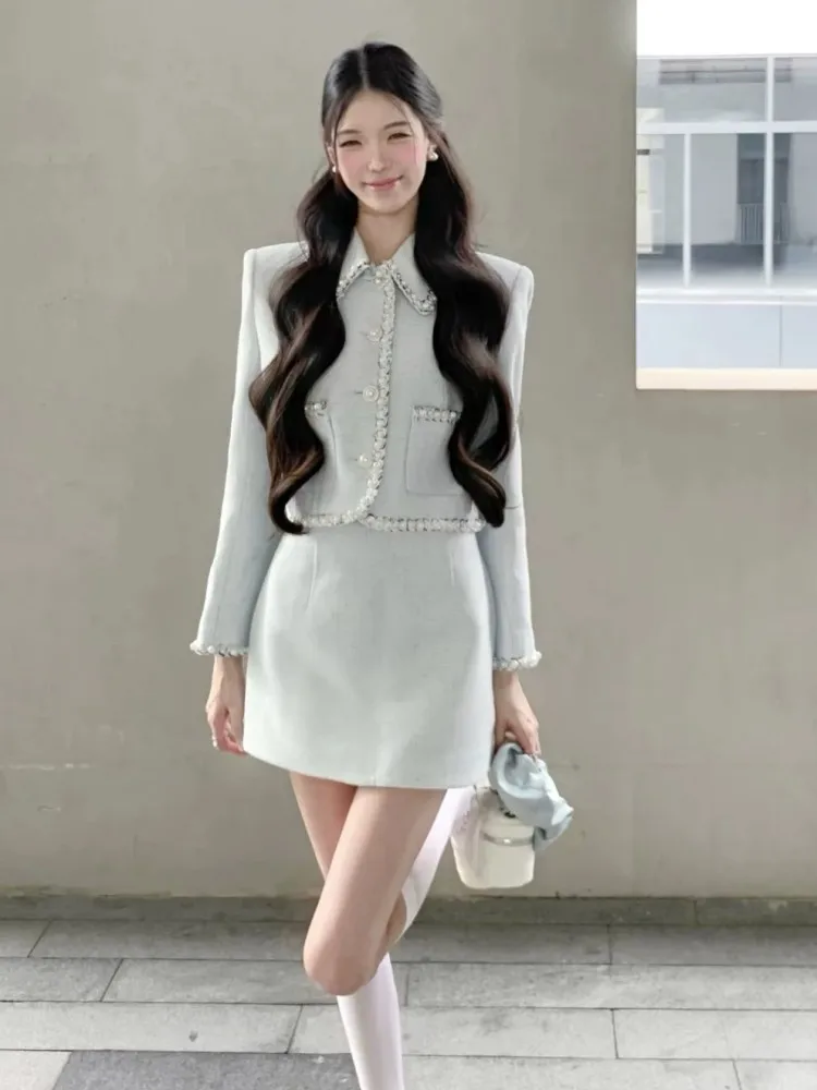 Sweet Ladies Single Breasted Short Jacket High Waist A Line Two Piece Set Fashion Korean Style Office Women Matching Set Outfit