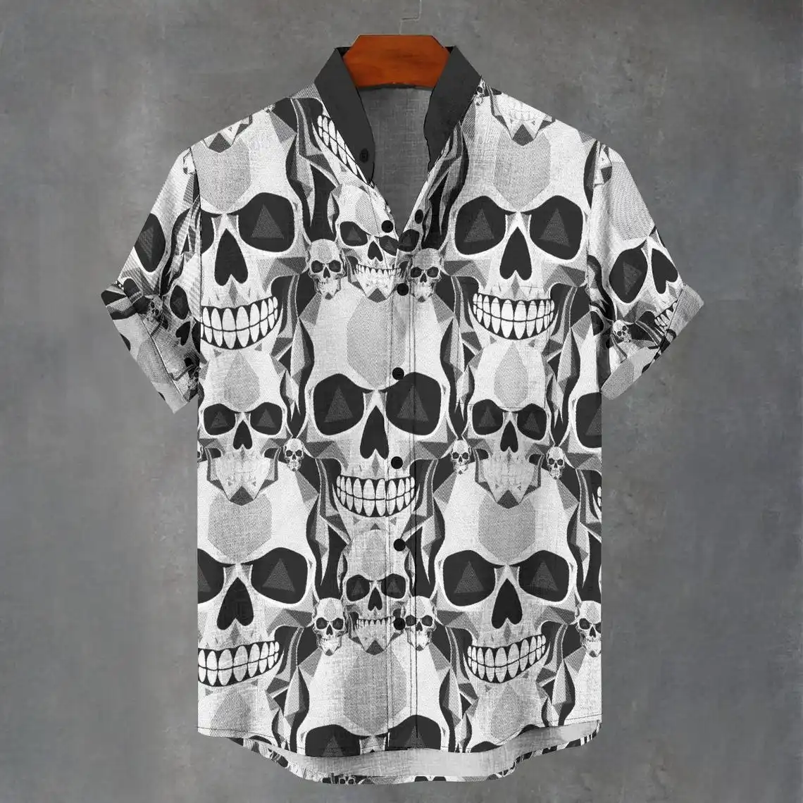 

2023 летняя новая мужская льняная рубашка с короткими рукавами и принтом черепа, мужской топ на пуговицах, летняя повседневная мода