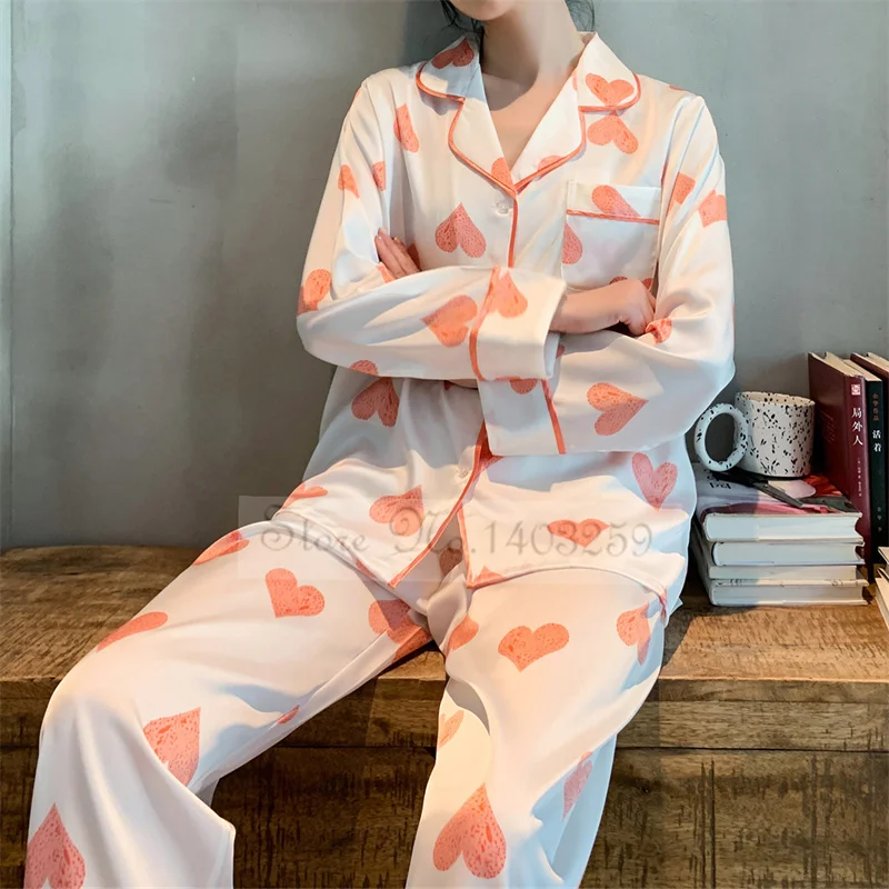 

pring Autumn Female Sleepwear Trouser Suits Pink Print Strawberry Pajamas Set Loose Silk Satin 2 PCS Shirt&Pant Home Clothes