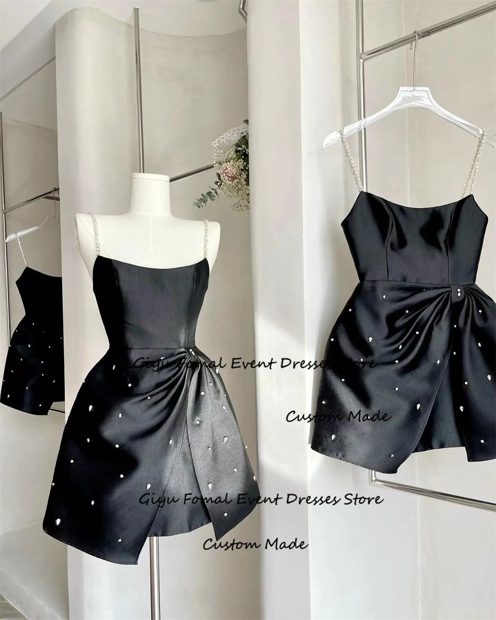 Giyu Black Beaded Prom Dress Strapless Bow A-line Mini Length Above Knee Spaghetti Birthday Party Dress Summer Dress