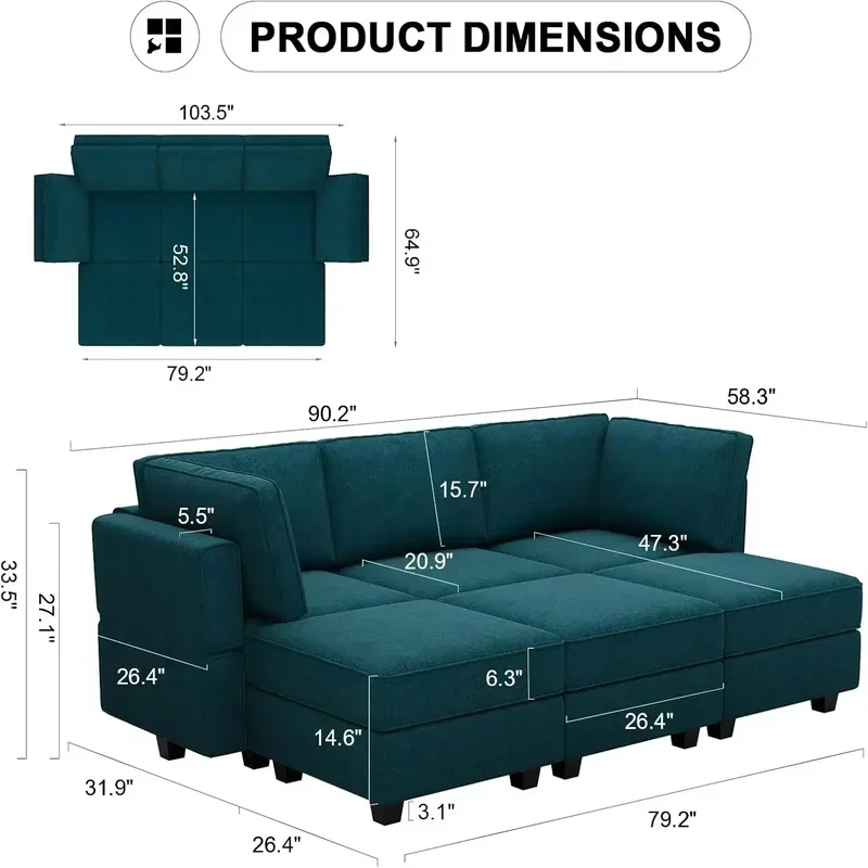 Convertible Modular Sectional Sofa Bed with Reversible Chaise in Peacock Blue